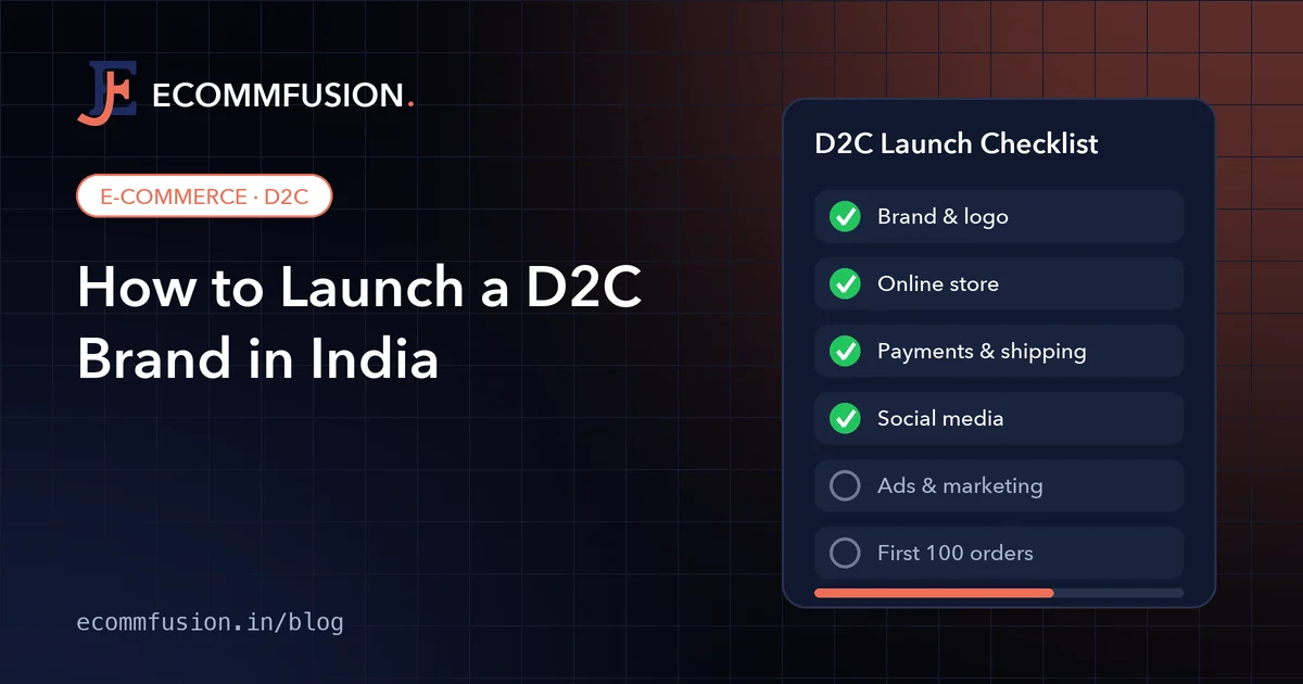 D2C brand launch checklist cover: brand, store, payments, social media and ads